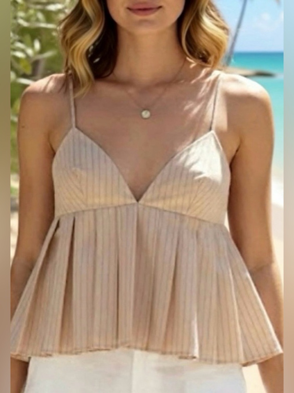 Zara Cotton Pleated Striped Cropped Top S